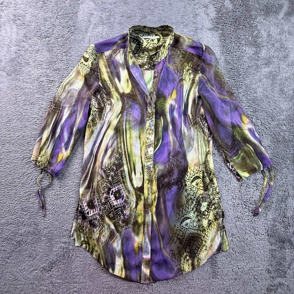 BRAX Feel Good Women M Button Up Blouse Semi Sheer Purple Green Abstract